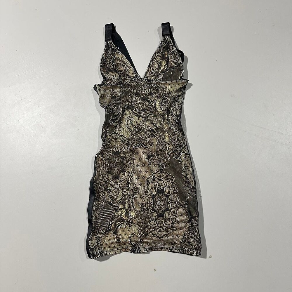 Oh La La Cheri Paris Light Yellow Low Back Bodycon Midi Dress with Black Lace